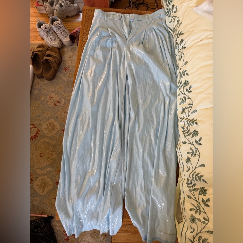 Anthropologie Maeve Light Blue Sequin Wide-Leg Pants